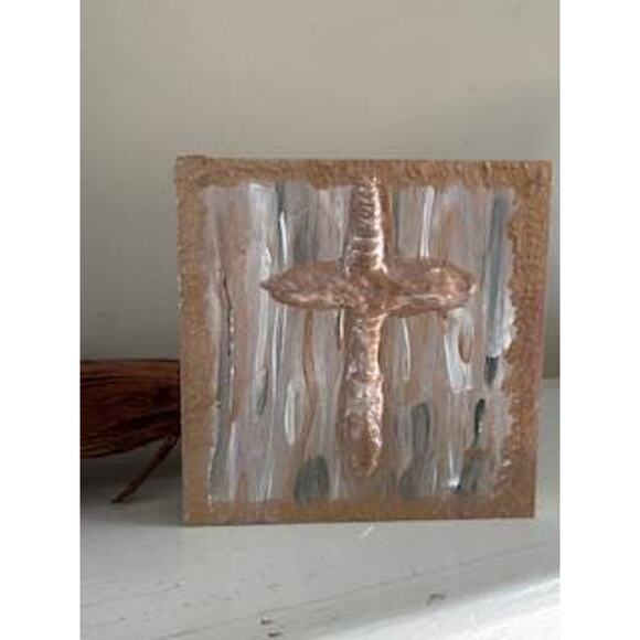 SALE Gold Cross Wood Painting HandPainted Wall Art 5x5 Block Textured White Gold - Picture 5 of 8
